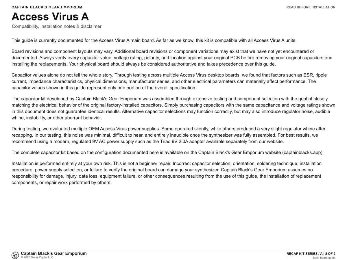 Access Virus A Recap Kit (Main Board & Panel Board)