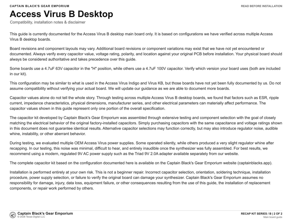 Access Virus B Recap Kit (Main Board & Panel Board)